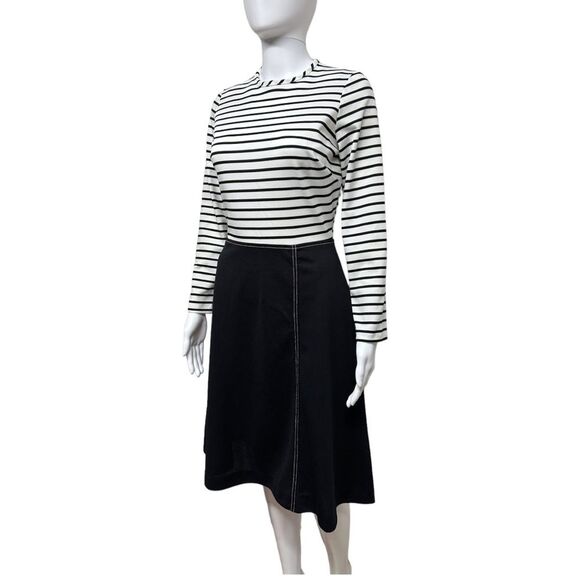 VINTAGE 60s 70s Mod Groovy Black White Polyester Striped Fit & Flare Dress 6 8 S - Picture 8 of 14
